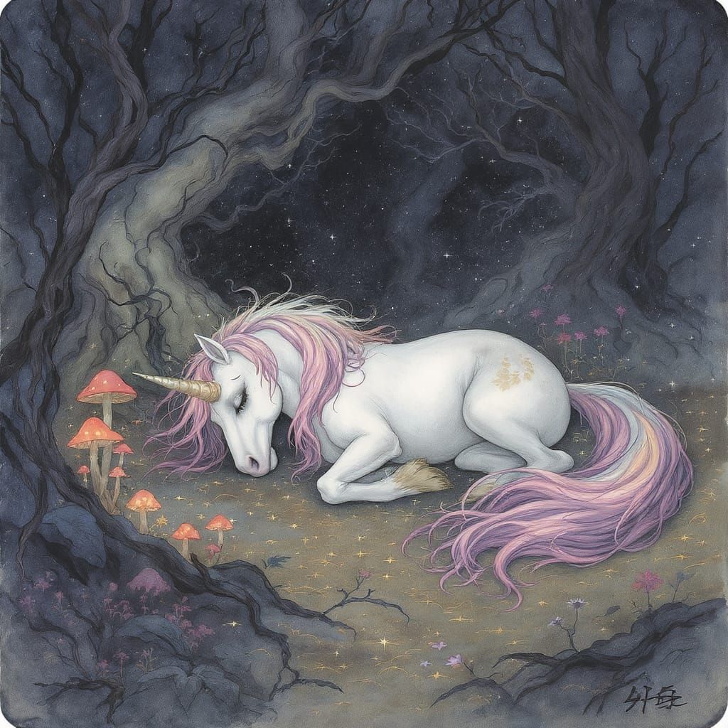Unicorn in Enchanted Forest Watercolor Painting