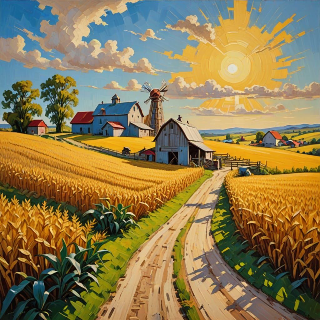 Rustic Prairie Farm Under Golden Sunlight