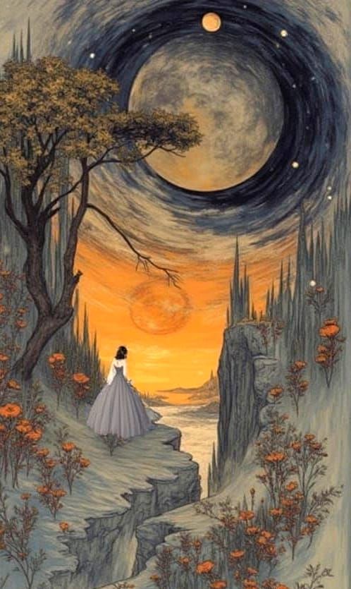 Elegant Woman on Misty Cliff in Art Nouveau Style
