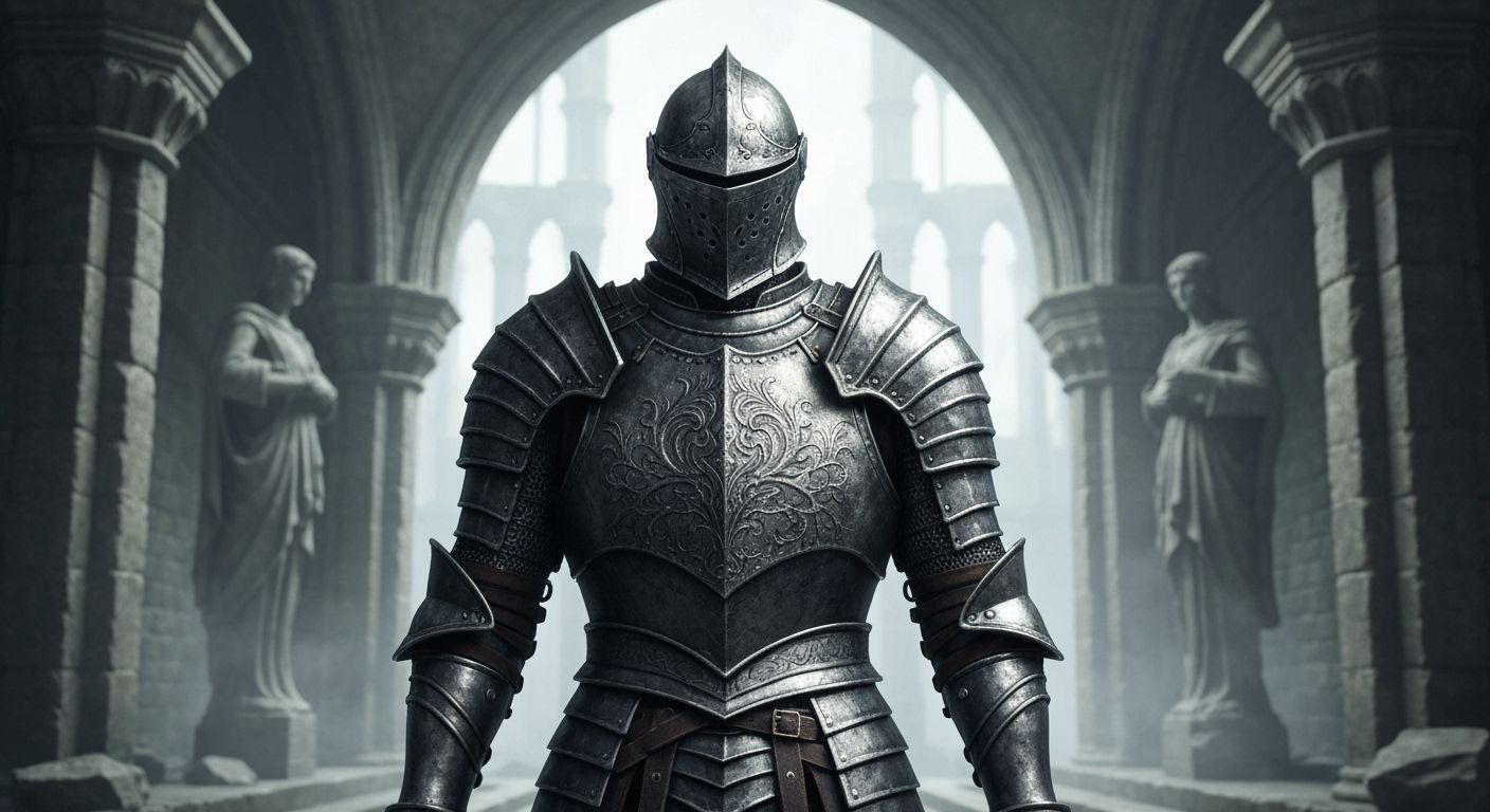 Gothic Knight Concept Art in Ruined Courtyard