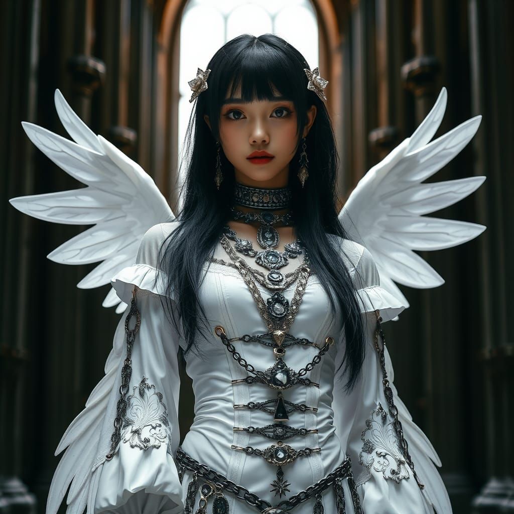Asian Girl Portrait with Angelic Wings in Gothic Style