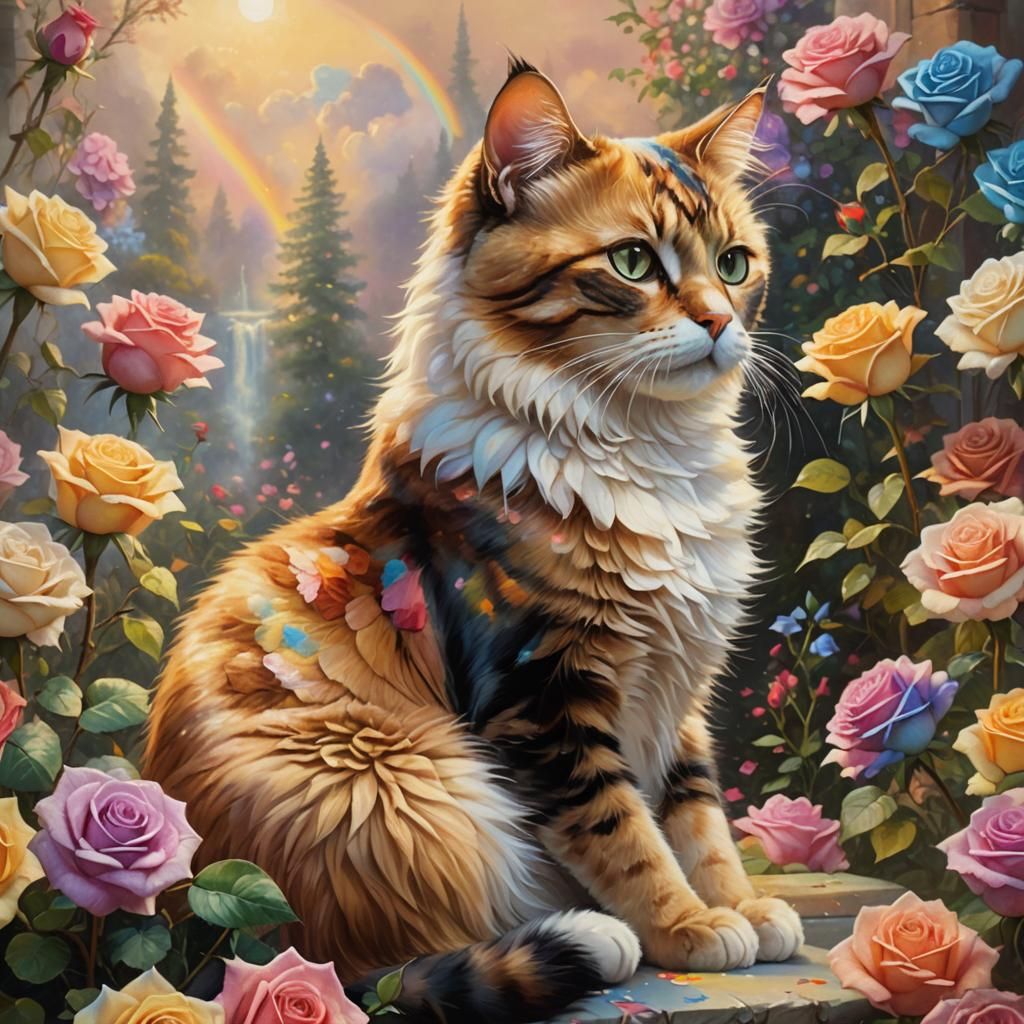 Calico Cat Among Rainbow Roses in Fantasy Realism