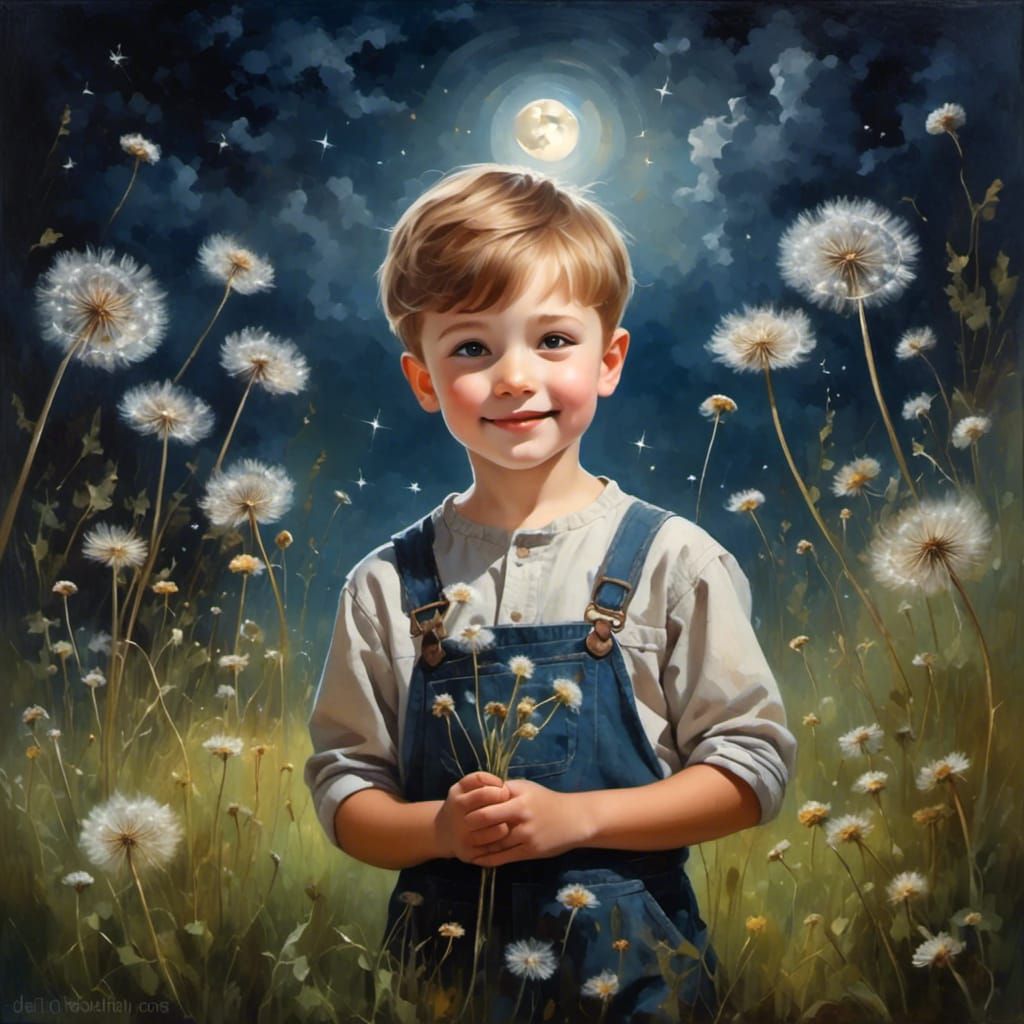 Boy Blowing Dandelions Under Starry Night Sky