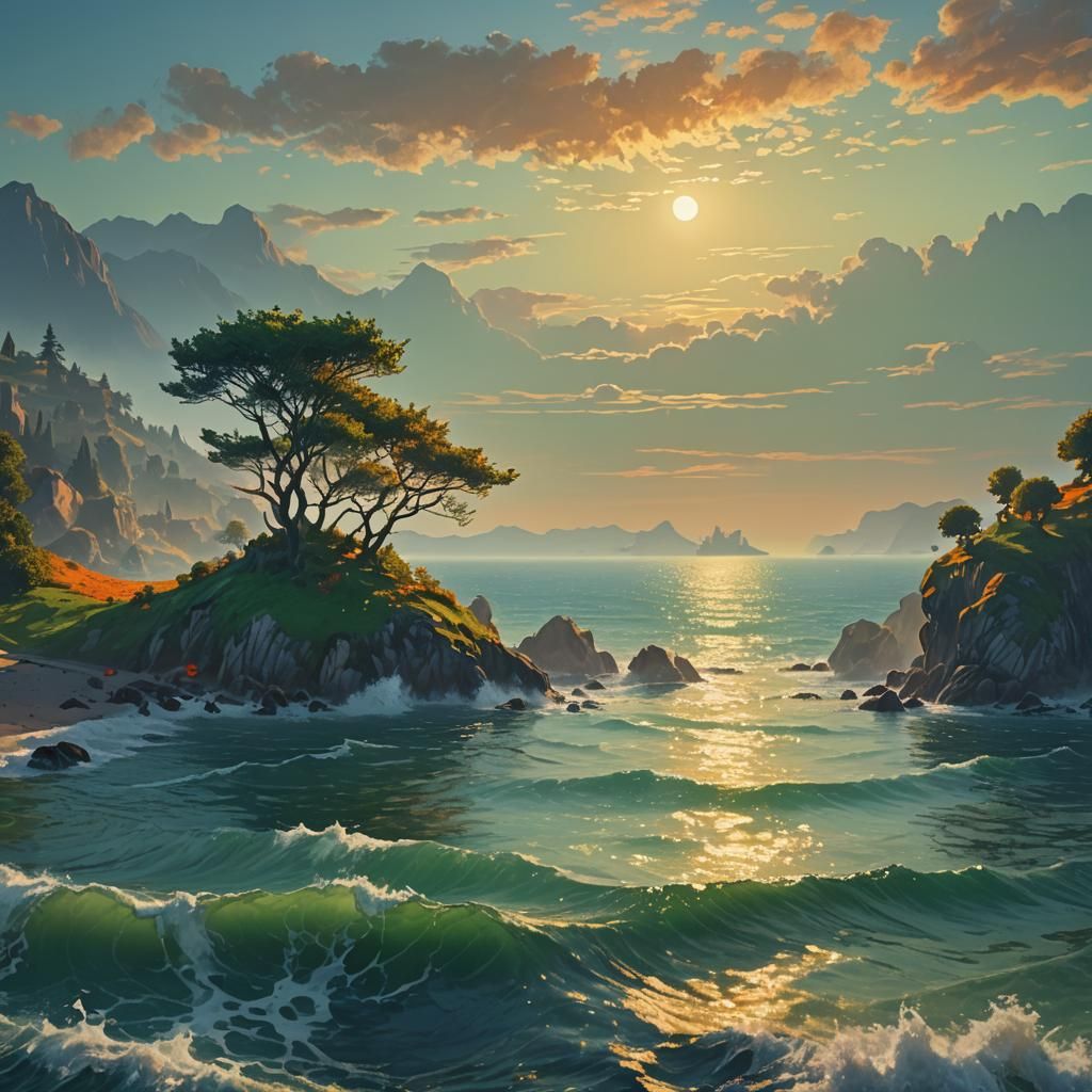 Dreamy Island Landscape with Golden Hour Light