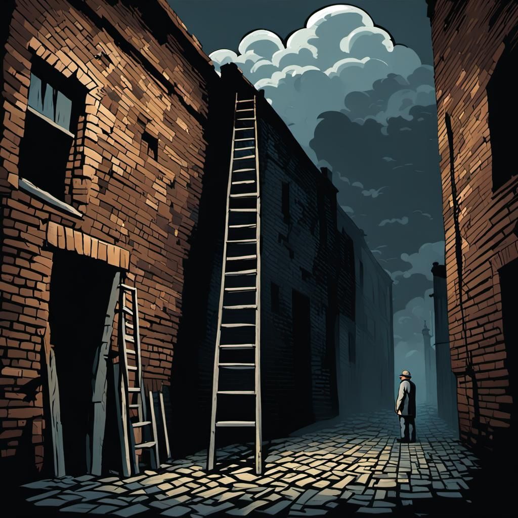 tall, rickety ladder leaning against a brick wall in an alle...