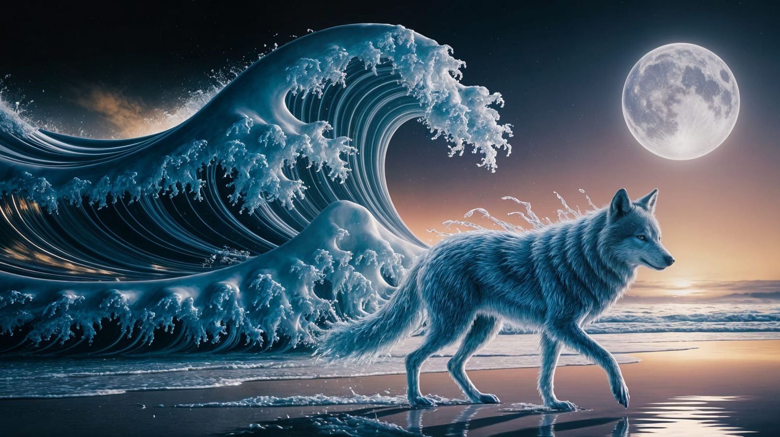 Majestic Water Wolf on Moonlit Beach