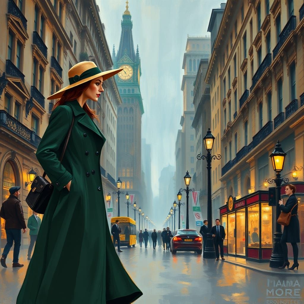Woman Strolls Through Cityscape in Impressionist Style