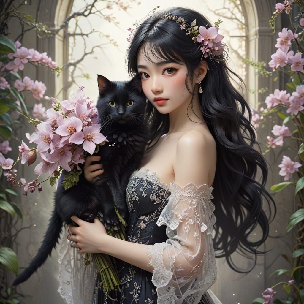 Anime Fairy with Gentle Kitten in Springtime