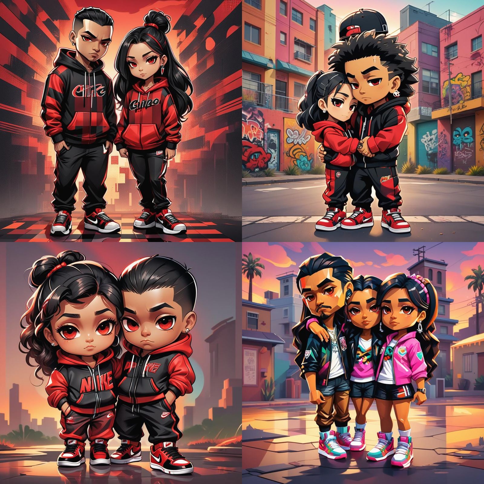 A Chicano gangster chibi couple dressed in matching black an...