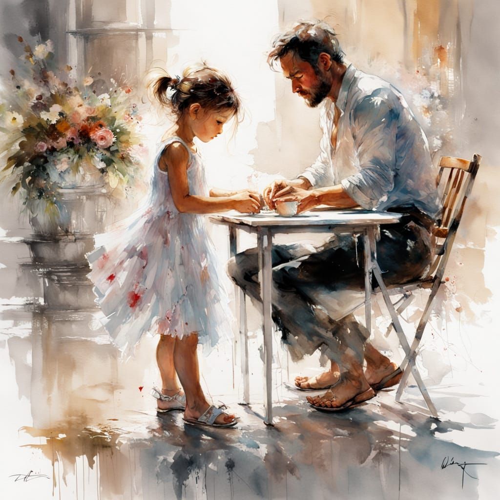 Father Watches Daughter's First Steps on Terrace