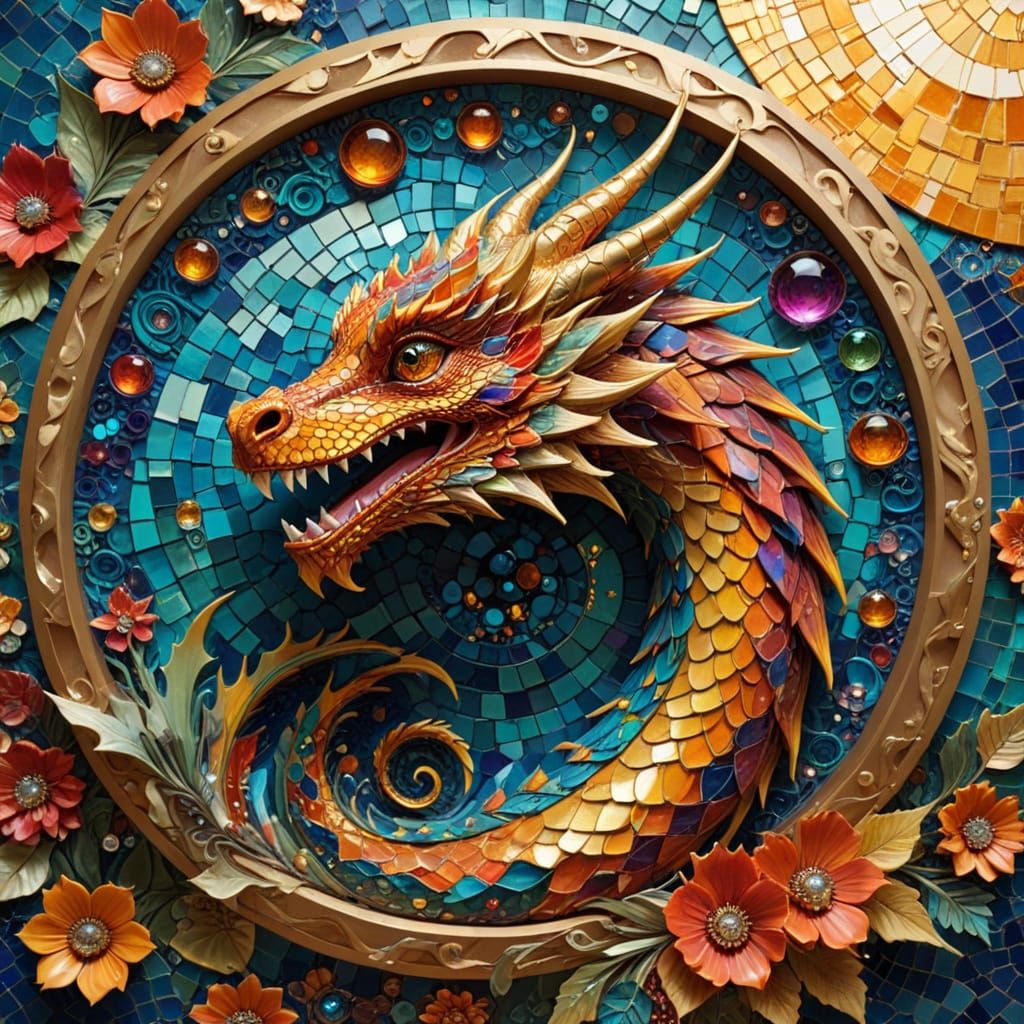 Tiny Dragon on Sun Disk Amidst Mosaic Swirls