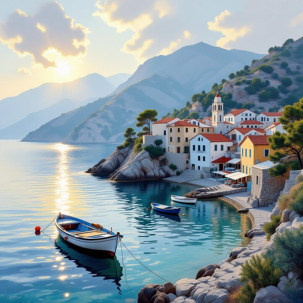 Serene Greek Cove at Sunset with Olive Hills