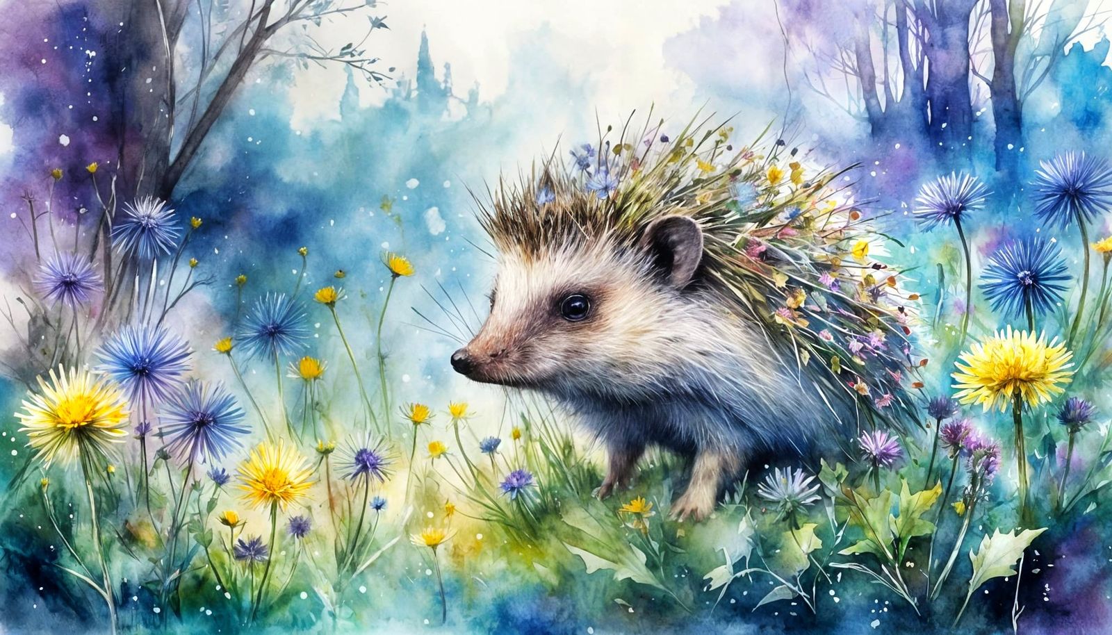 Hedgehog in a Meadow of Glowing Flowers in Watercolor Style