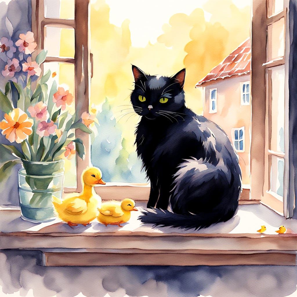 Whimsical Feline and Fowl Embrace on a Sunny Windowsill