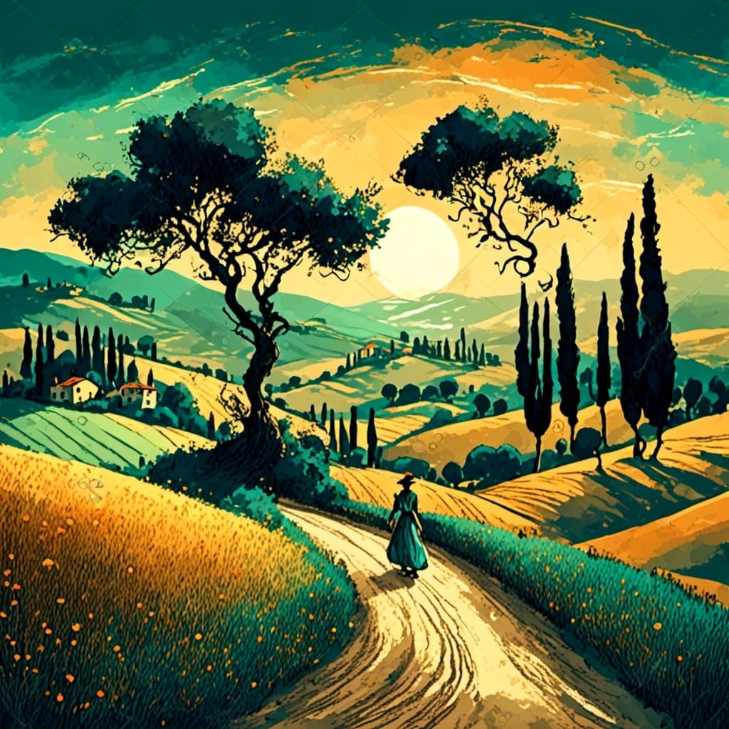 Lonely Traveller in Tuscany: Colourful Ink Sketch