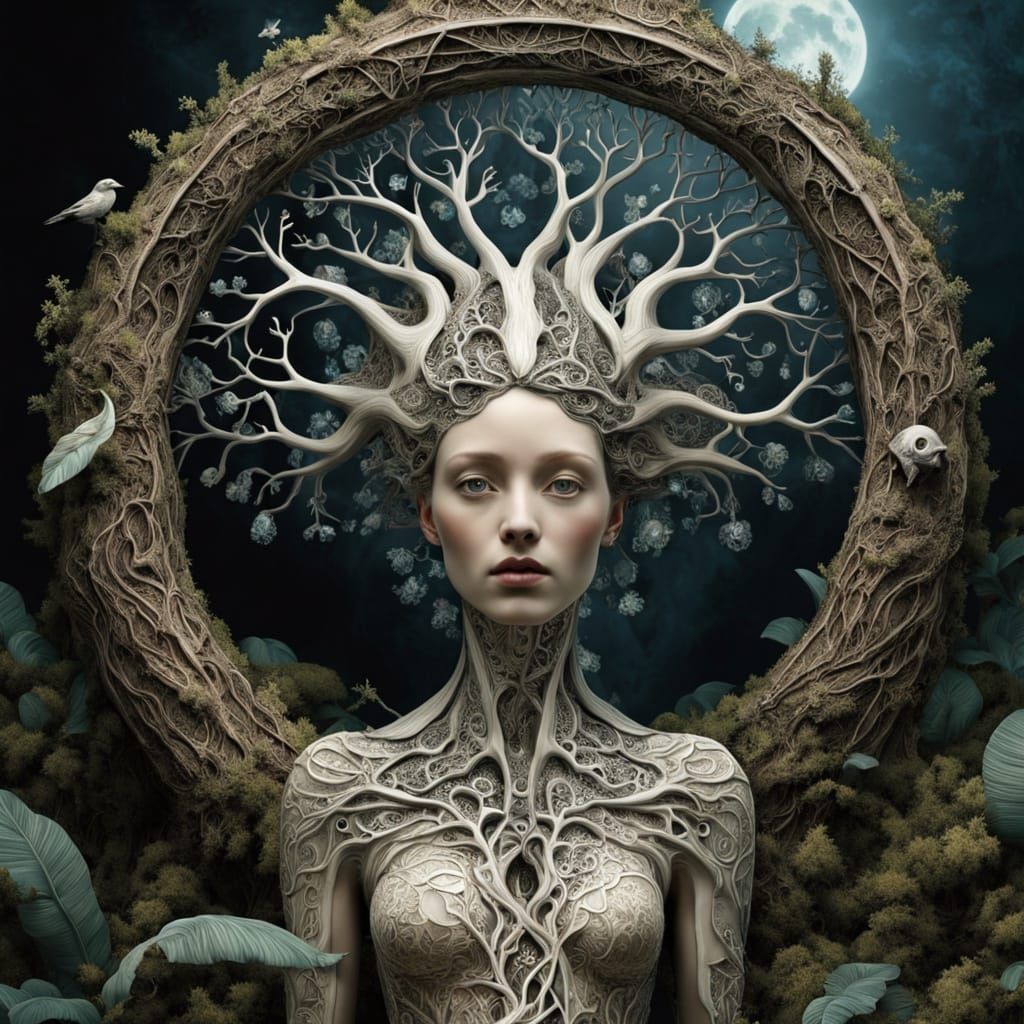 Surreal Tree Woman in Mystical Portal Landscape