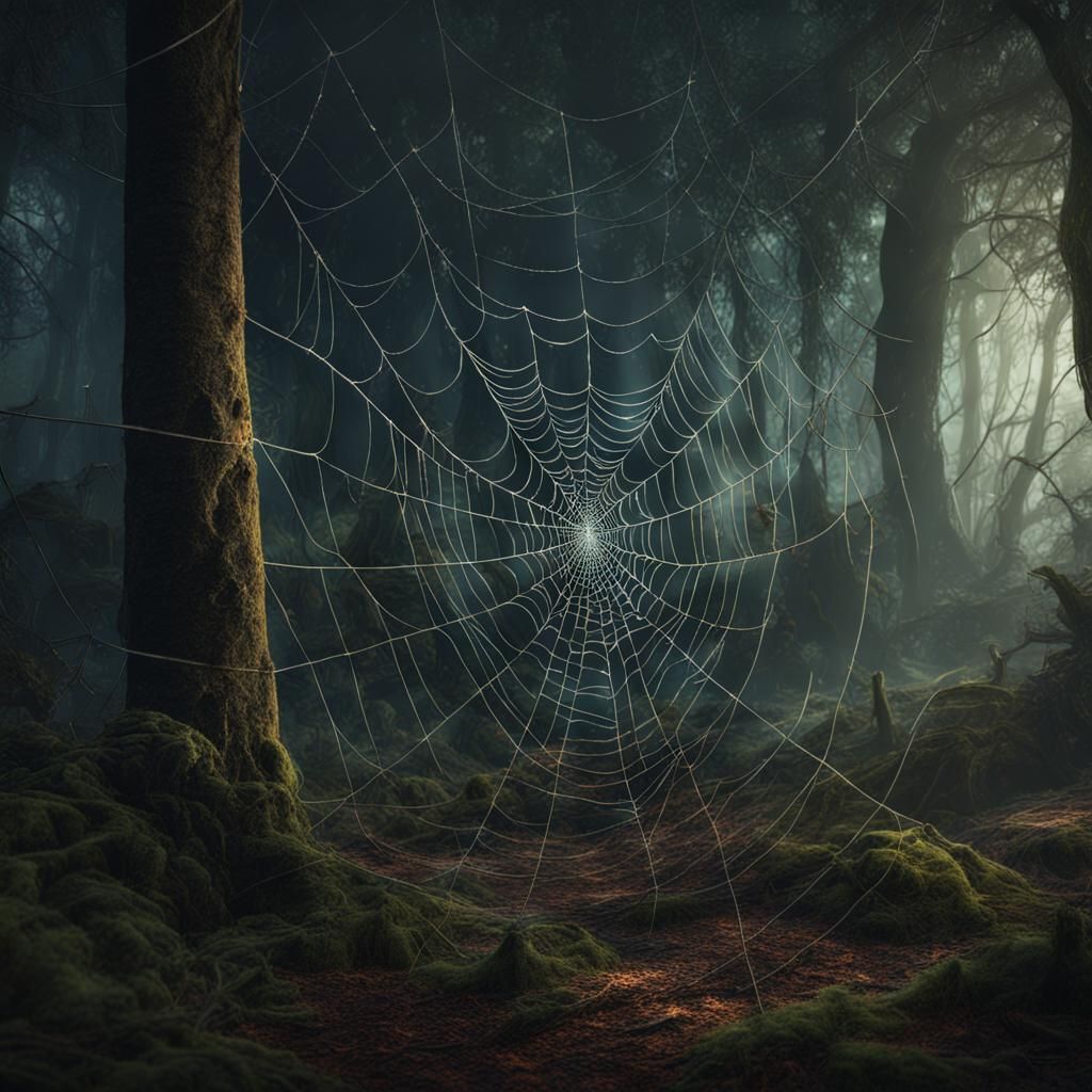 Spiderwebs Gleam in Dark Forest: Fantasy Concept Art