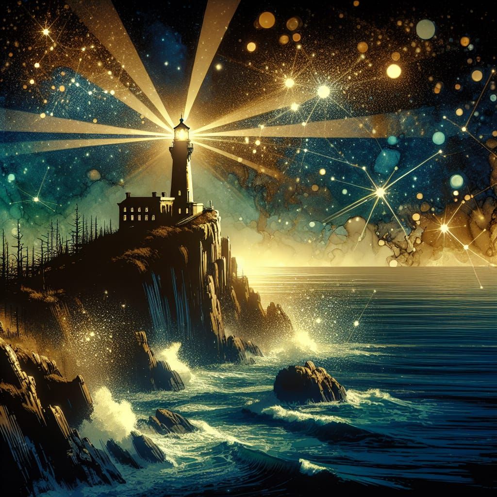 Luminous Coastal Beacon Under Starry Night Sky