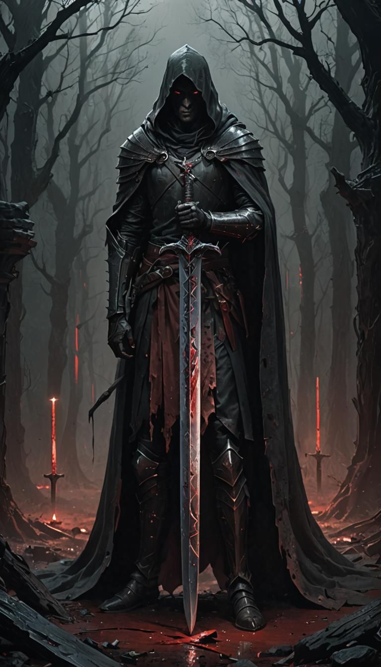 Dark Fantasy Sword Impaled Between Hooded Figures