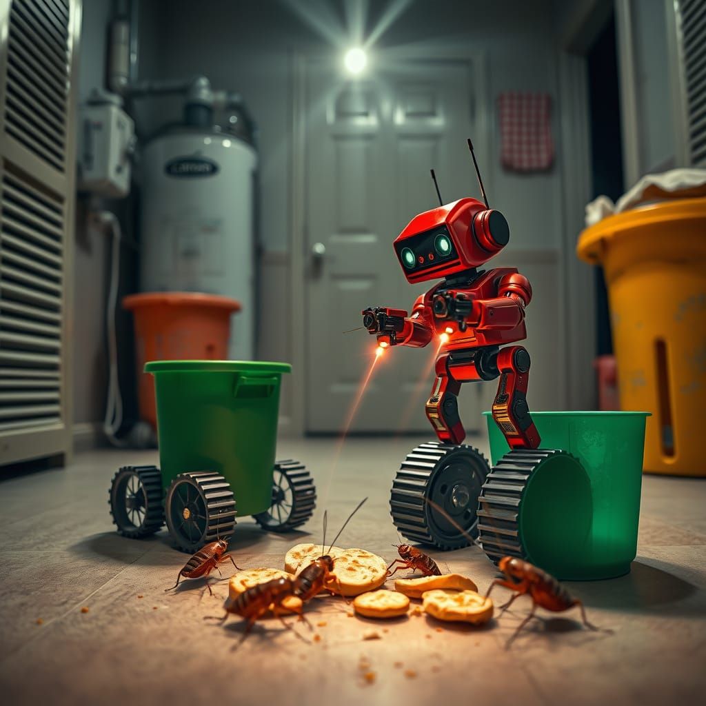 Laser Robot Cockroach Battle: Sharp Focus Studio Shot