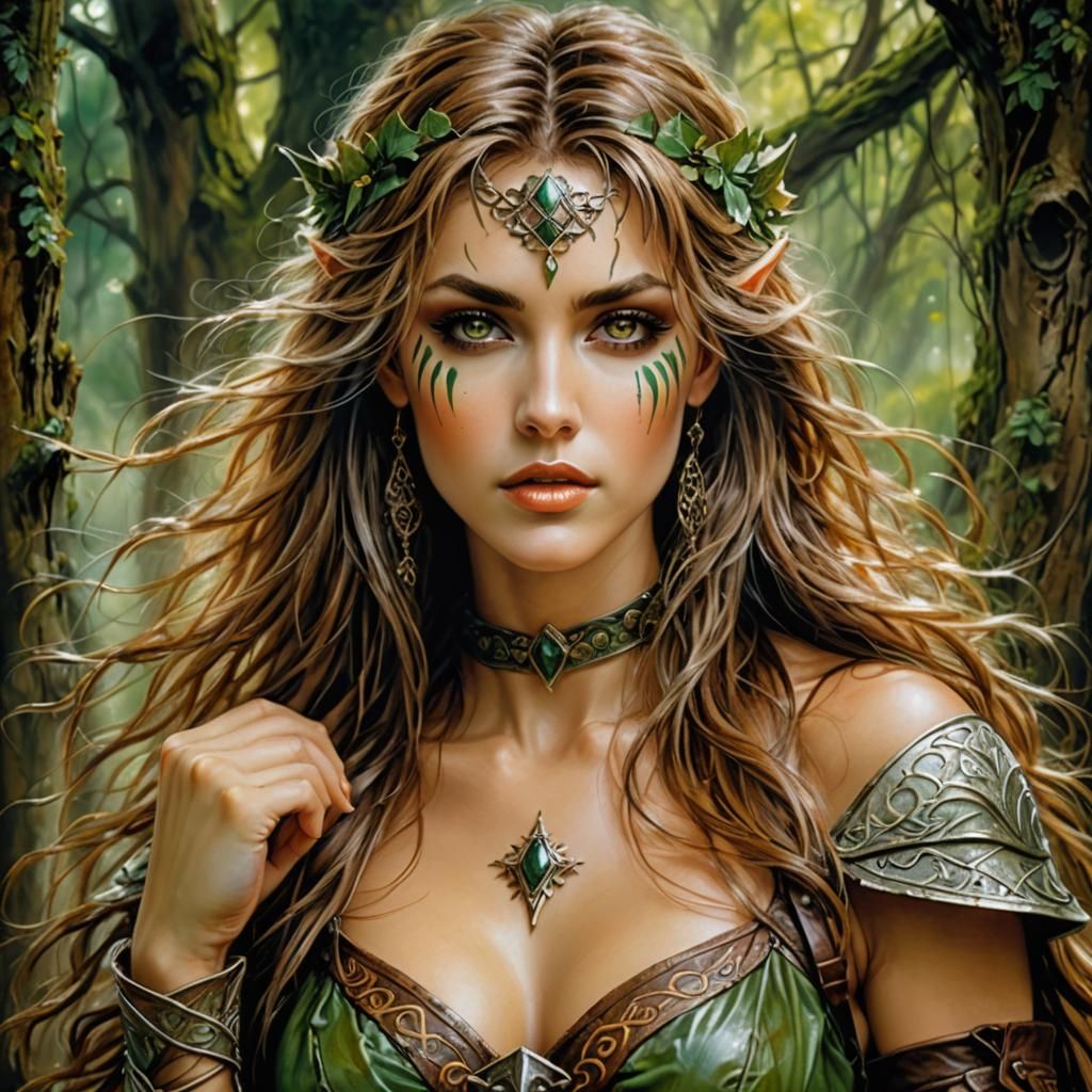Wood Elf Woman in Detailed Fantasy Painting