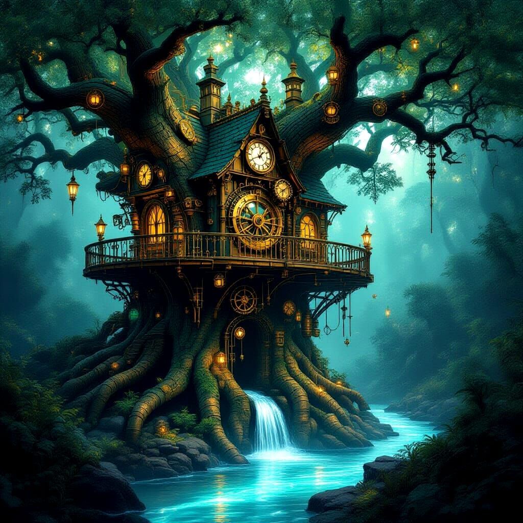 Steampunk Clockwork Treehouse in Enchanted Forest