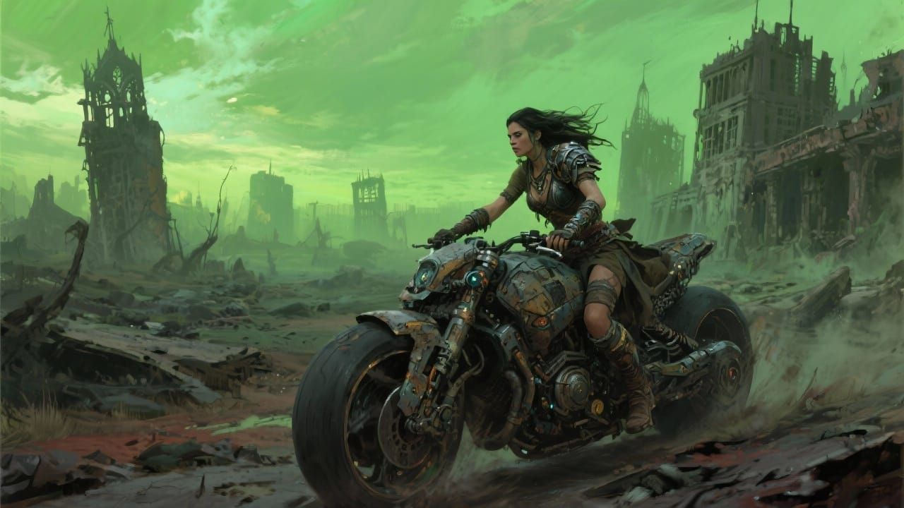 Post-Apocalyptic Barbarian on Cybernetic Motorcycle
