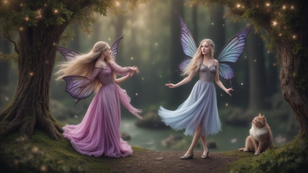 Fairies Dance in Enchanted Forest with Watching Cat