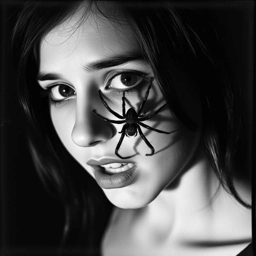 Spider on Face: Grainy Black and White Portrait