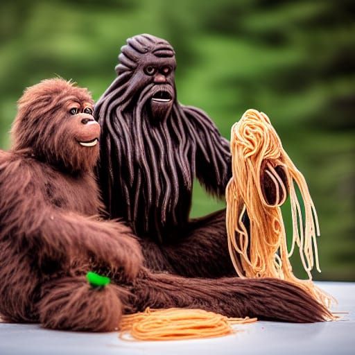 Sasquatch and Yeti Enjoying Spaghetti Dinner