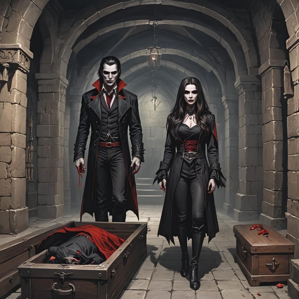 Vampire Couple in Dungeon With Coffins