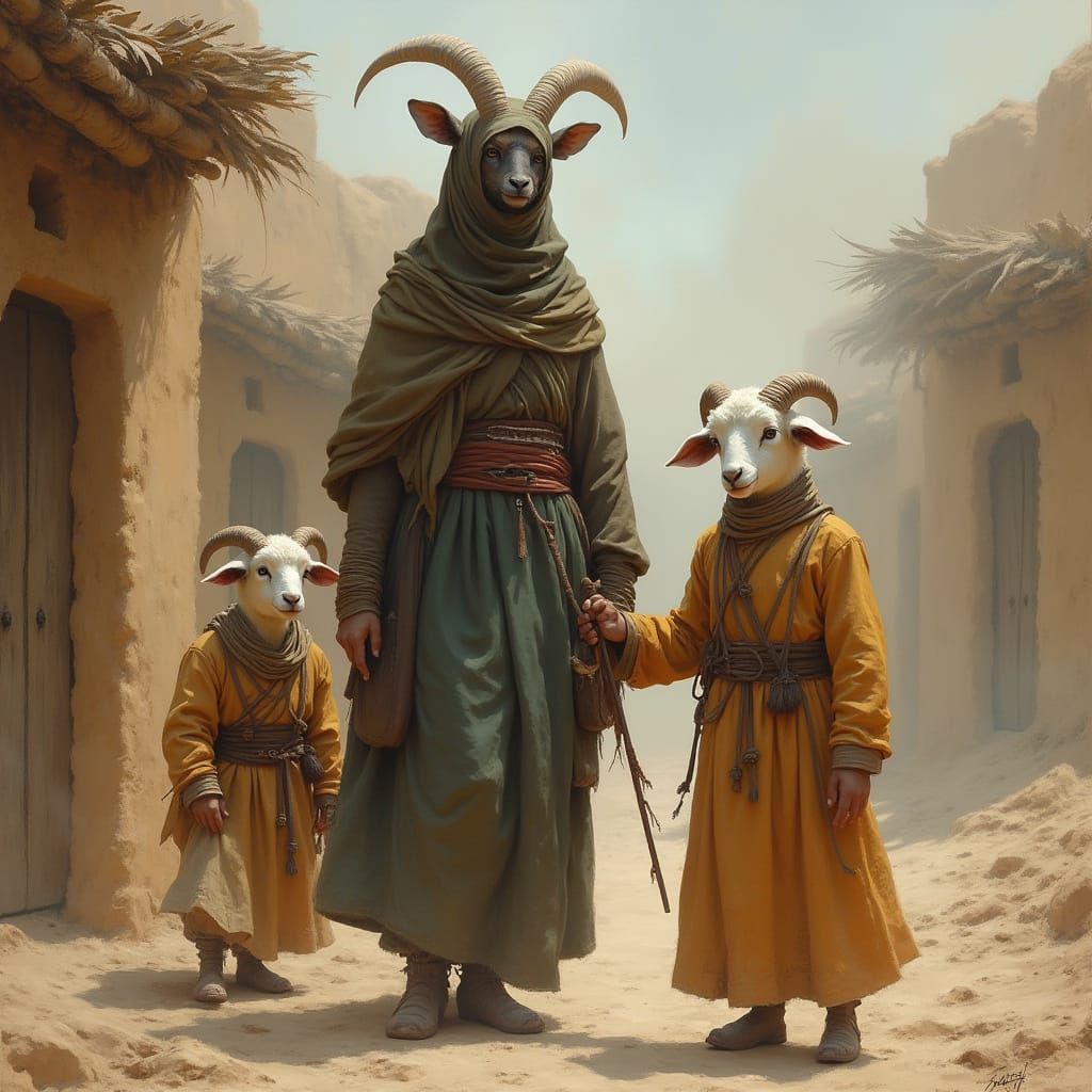 Surreal Goat Woman and Sheep Children in Desert Village
