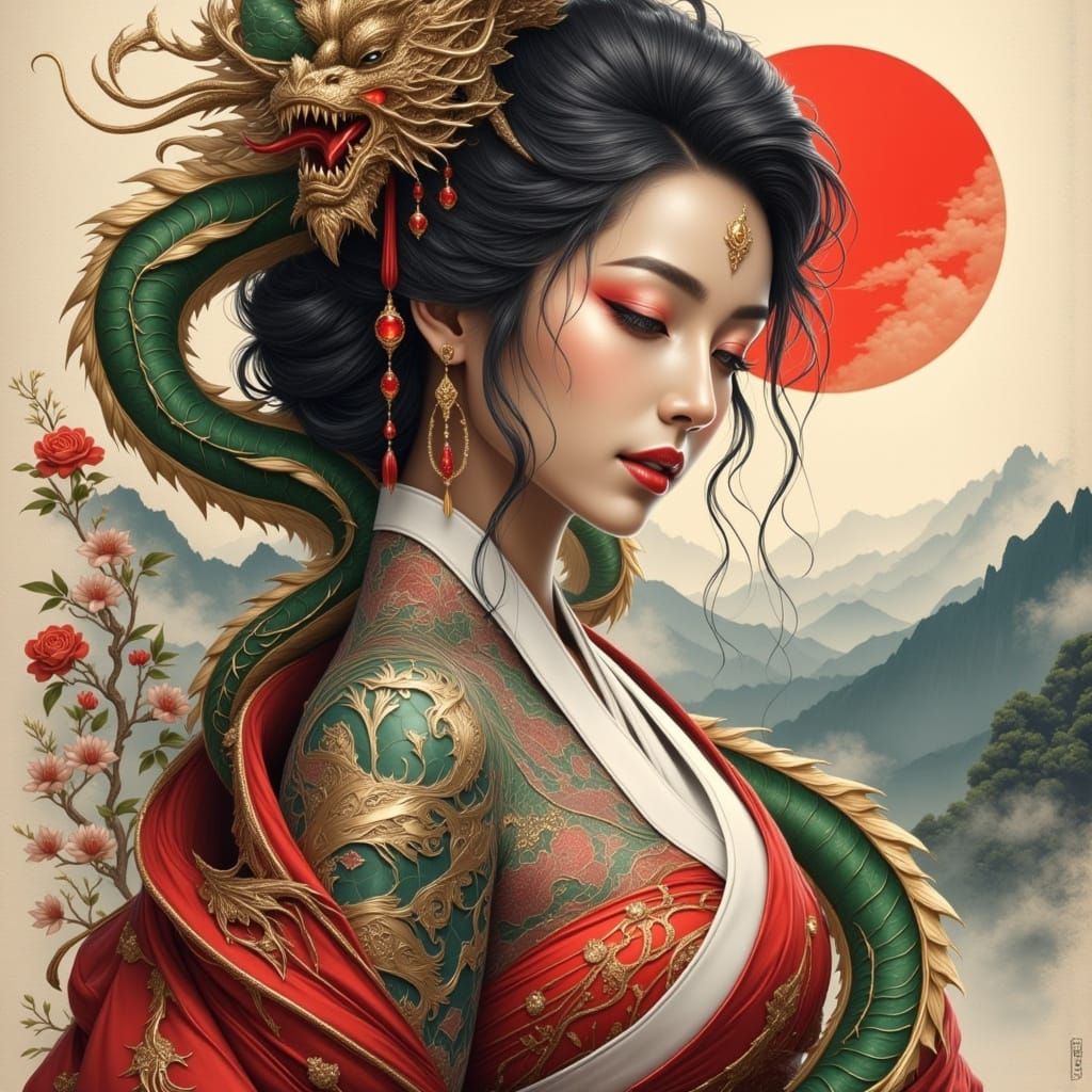 Japanese Woman and Dragon Ukiyo-e Digital Painting