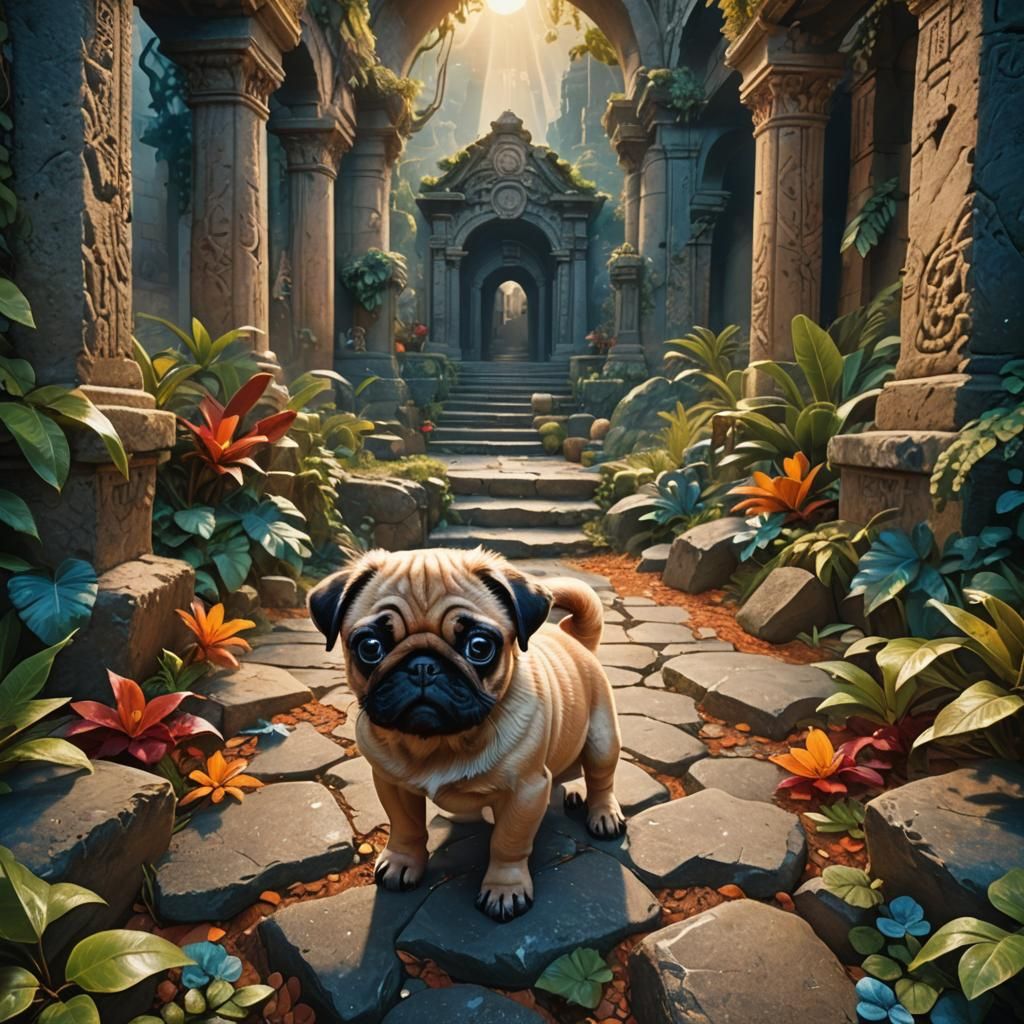 Pug Puppy Exploring Lost World: Digital Fantasy Painting