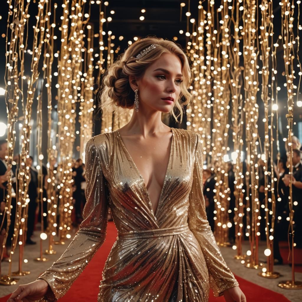 Woman in Luxurious Gown on Red Carpet