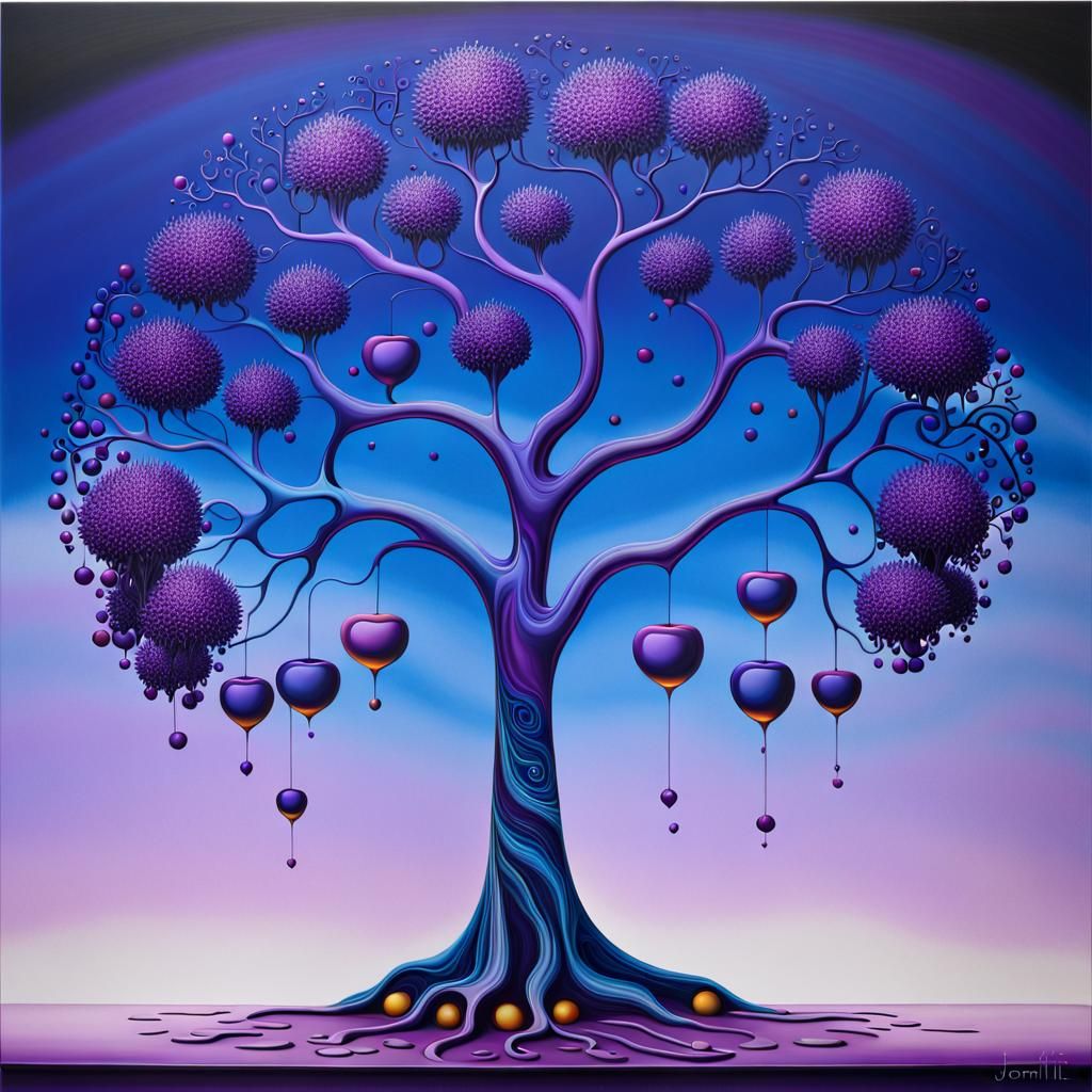 Surreal Purple Tree with Filigree Fruits
