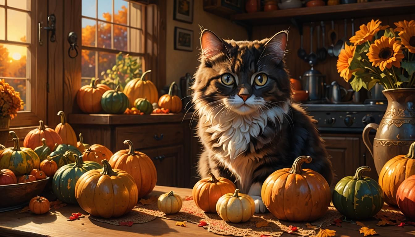 Cute Kitty Among Gourds in Cozy Kitchen