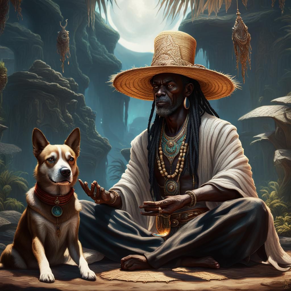 Papa Legba in Straw hat meditating with spirit dog