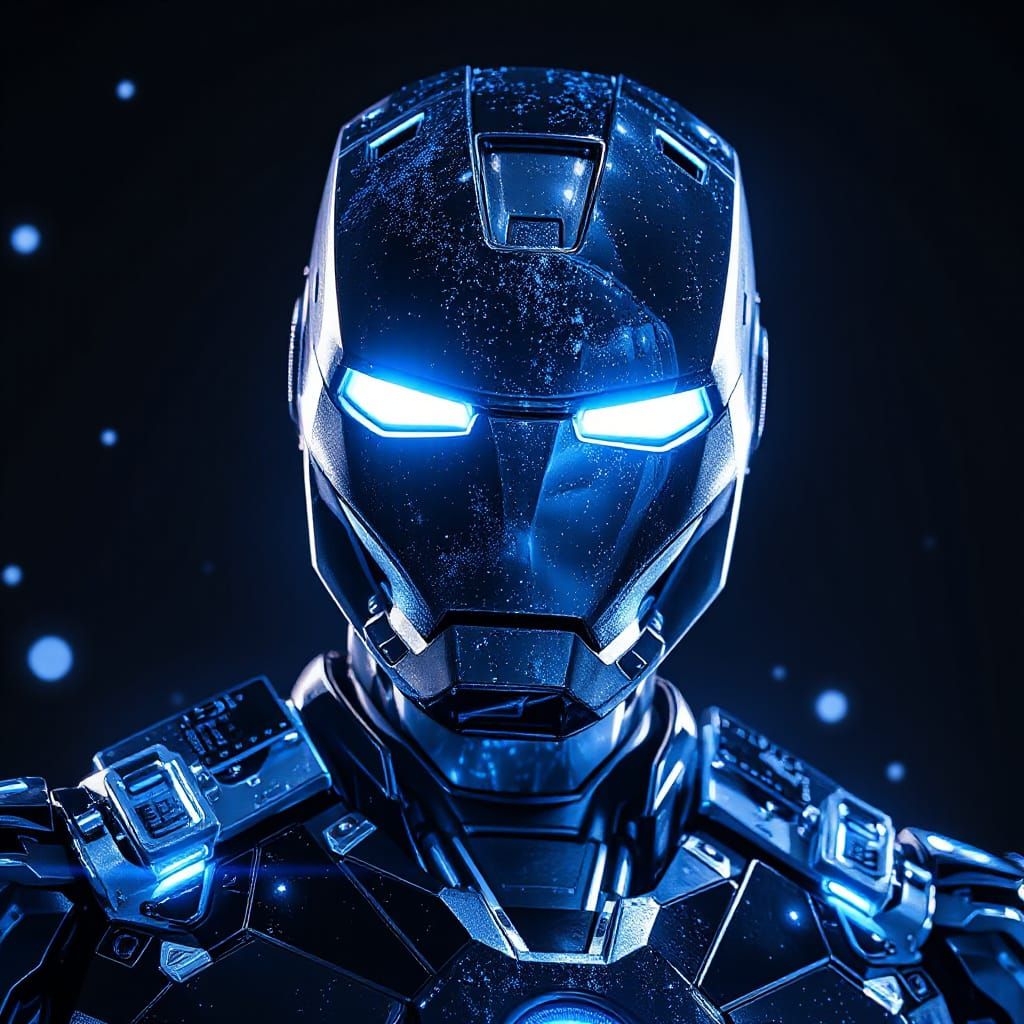 Bioluminescent Iron Man Holographic Cosmic Illustration