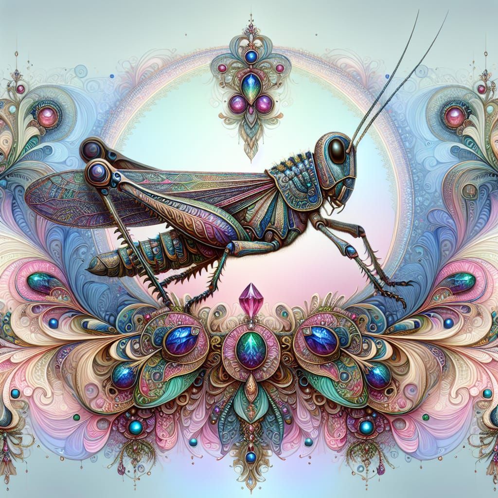 Psychedelic Grasshopper with Gems, Digital Art