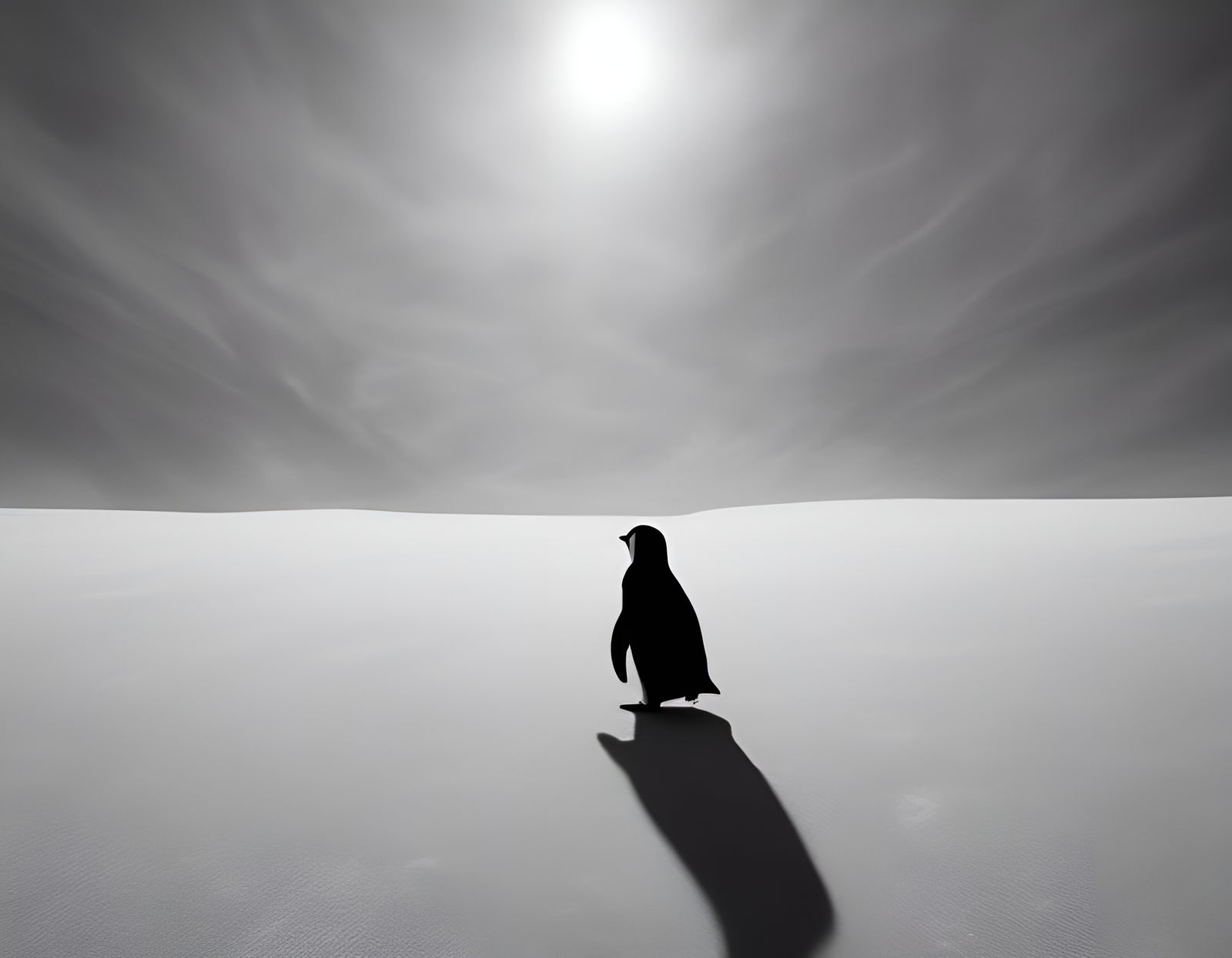 Surreal Penguin with Warped Perspective and Color Contrast