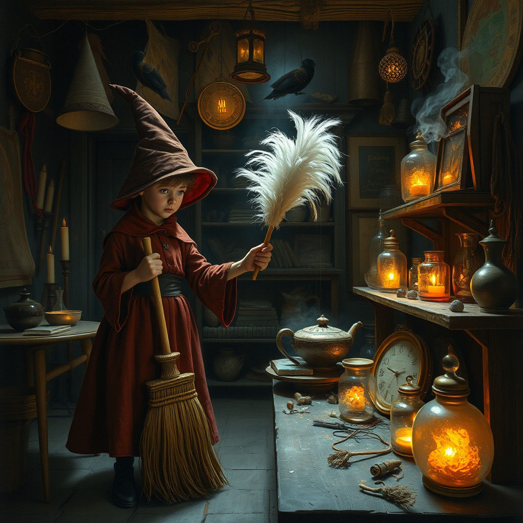Animated Broom Cleans Wizard's Workshop: Hyperrealistic Surr...