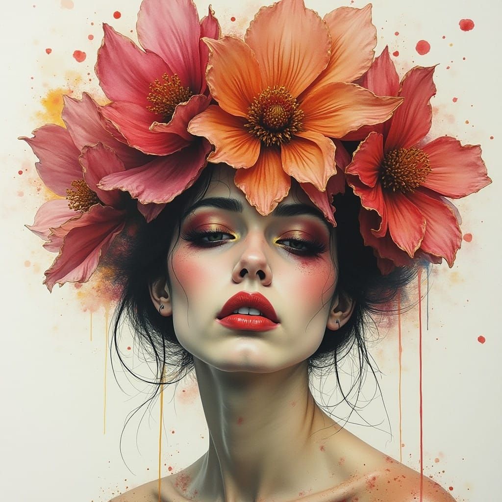 Moody Deity Watercolor Portrait with Golden Accents