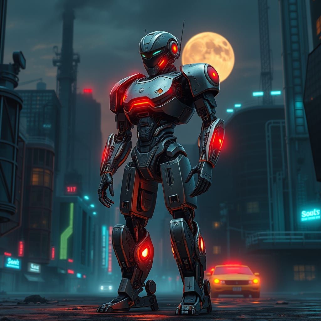 Futuristic Robot Dominates Neon Cityscape