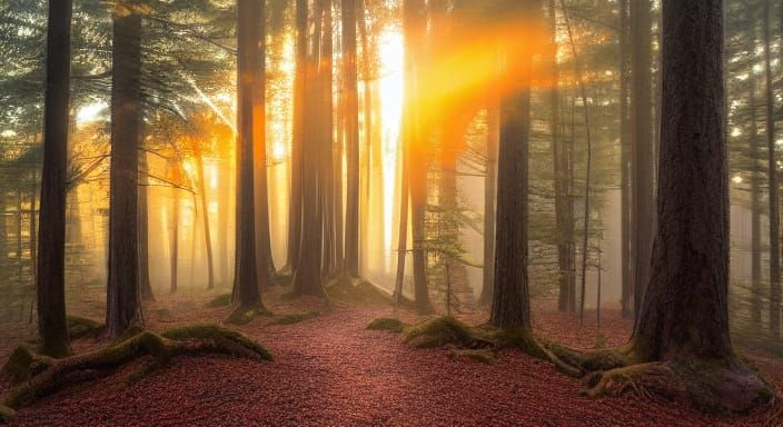 Misty Forest in Golden Hour, Ethereal Lighting