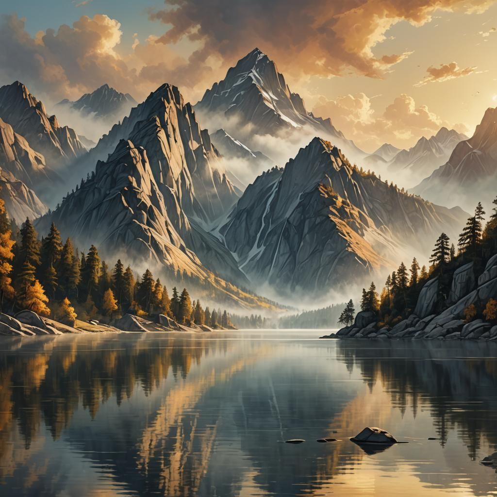 Granite Mountain and Lake: Dramatic Oil Painting