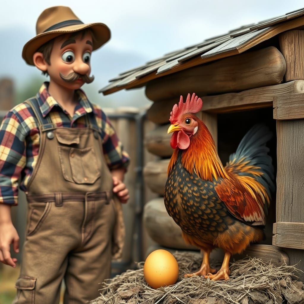 Rustic Farmer and Tartan Chicken Coop Scene