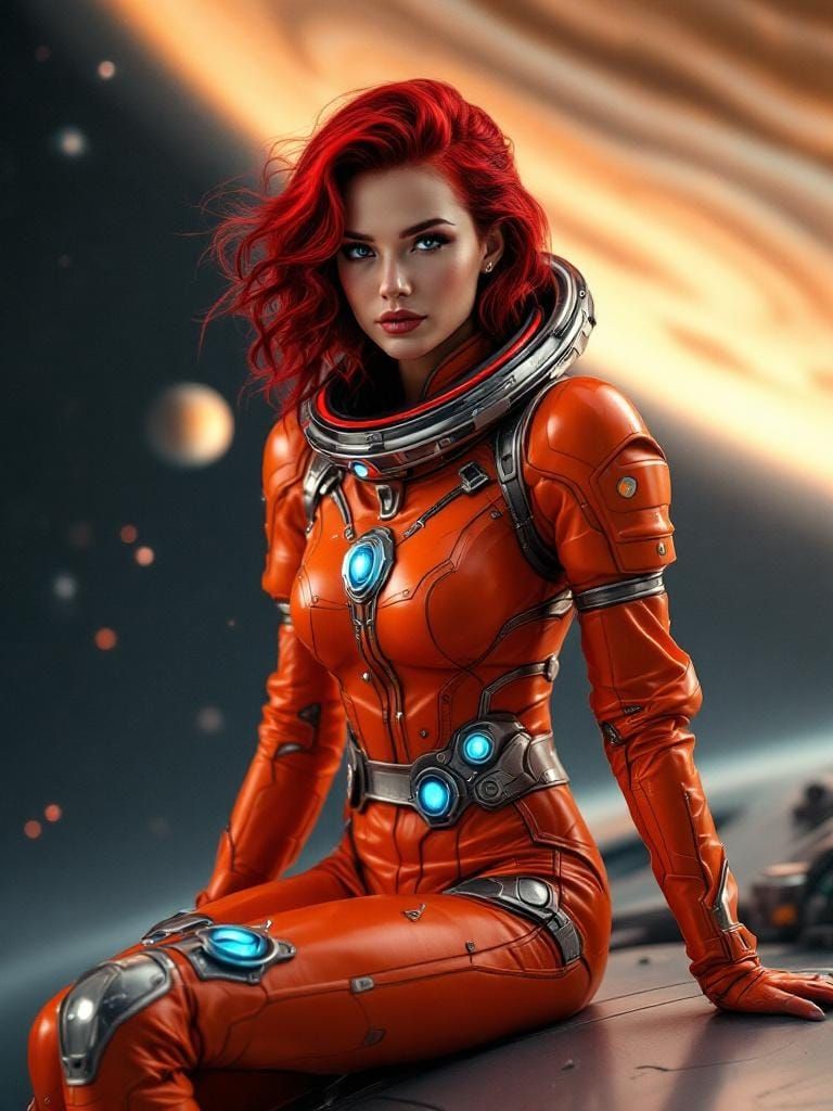 Spacewoman with Red Hair in Retro-Futuristic Style