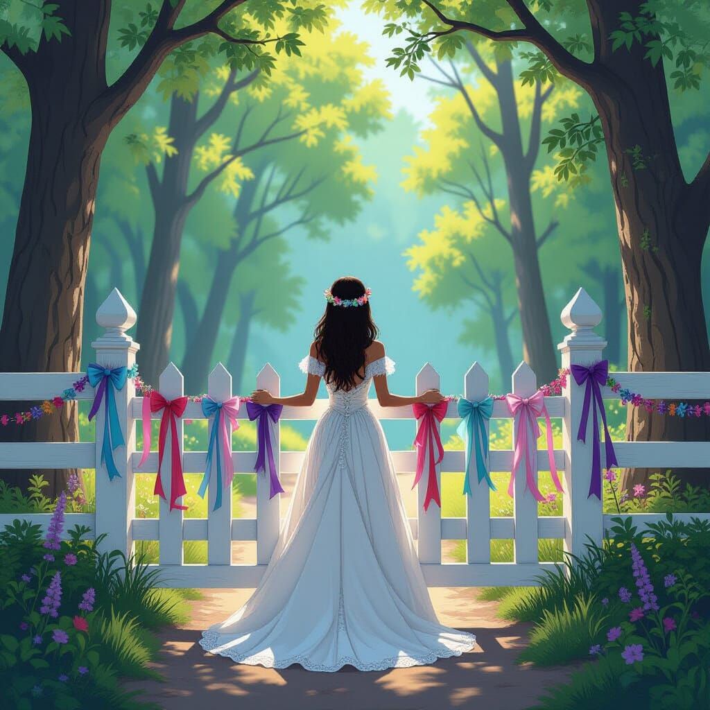 Woman with Colorful Ribbons in Whimsical Forest