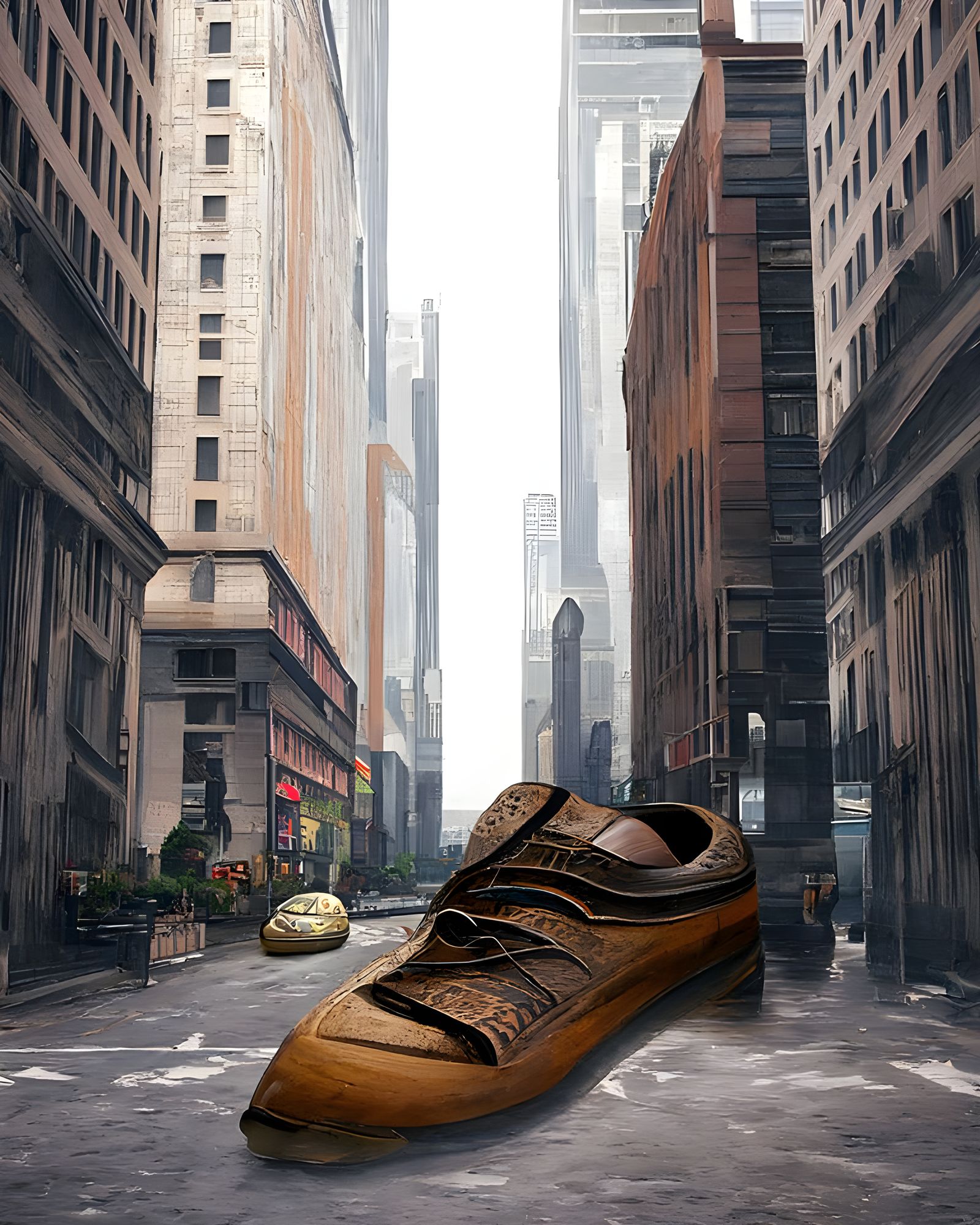 Giant Shoe Lost in Sci-Fi Cityscape